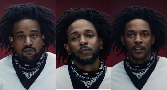 كندريك لامار يتحول إلى ويل سميث وكانيي ويست في كليب أغنية The Heart Part 5