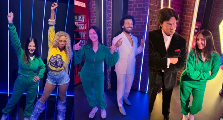 دنيا سمير غانم مع تمثال محمد صلاح وبيونسيه وشاروخان