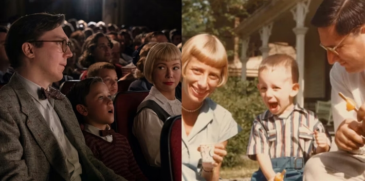 سبيلبرج وعائلته الحقيقية في طفلوته وعلى الجانب الآخر نفس العائلة في الفيلم