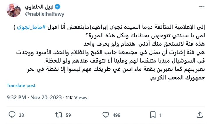"فئة تمثل جانب القبح والظلام".. نبيل الحلفاوي يدعم نجوى إبراهيم ويهاجم منتقديها 1