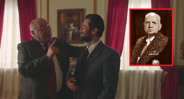 مشهد من مسلسل عمر أفندي وصورة محمد محمود خليل بيك (في الإطار)