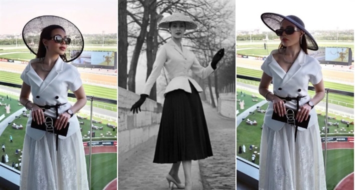 أسما إبراهيم مع صورة من أزياء Dior عام 1947