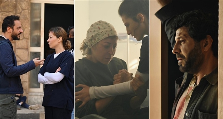 منة شلبي وإياد نصار والمخرج بيتر ميمي في كواليس تصوير مسلسل (تحت الحصار)