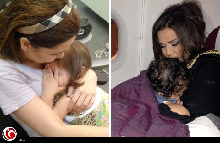 أحلام تحتضن فتاة ونانسي مع ابنتها الصغرى