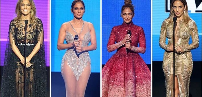 ٤ فساتين من الـ١٠ التي ارتدتها جينفير لوبيز أثناء حفل توزيع جوائز الموسيقى الأمريكية لعام ٢٠١٥