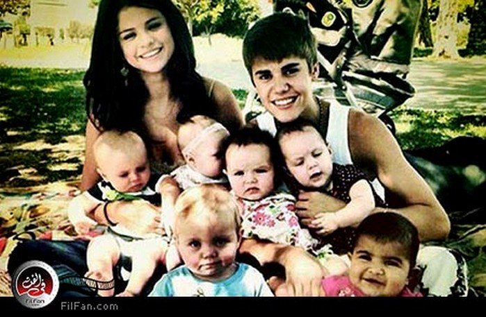 صورة لبيبر وسيلينا مع مجموعة من الأطفال