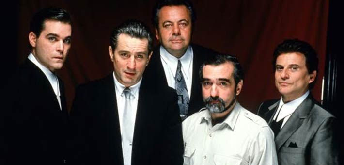 المخرج مارتن سكورسيزي مع أبطال فيلمه الشهير Goodfellas روبرت دي نيرو وراي ليوتا وجو بيشي وبول سورفينو
