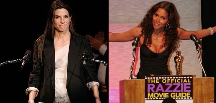 هالي بيري وساندرا بولوك عند تسلم جائزة أسوأ ممثلة