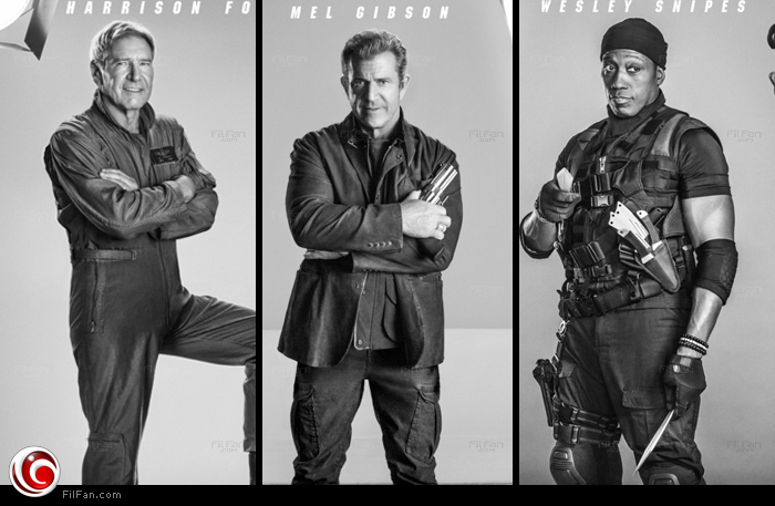 ويسلي سنايبس وميل جيبسون وهاريسون فورد في ملصقات The Expendables 3