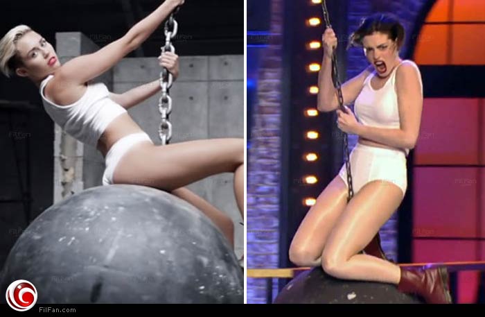 آن هاثاواي تقلد مايلي سايرس في أغنية Wrecking Ball