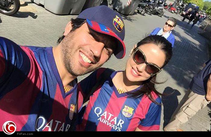 درة وحسن الرداد في إسبانيا لمتابعة مباراة برشلونة ضد باريس سان جيرمان