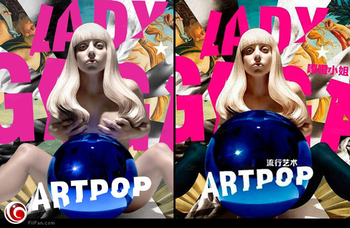 الملصق الدعائي للألبوم قبل وبعد تعديلات الصين