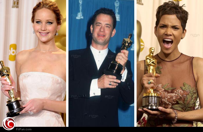 هالي بيري وتوم هانكس وجينيفر لورانس لحظة فوزهم بالأوسكار