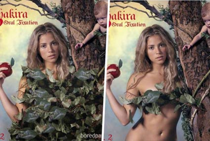 شاكيرا على الملصق الدعائي لألبوم Oral Fixation Vol. 2 في النسخة الأصلية، وعلى اليسار صورة للملصق الدعائي بعد طرحه في الشرق الأوسط
