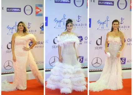 بين نور ومنى زكي وأمينة خليل فستان بلون مشترك وخامة أيضا