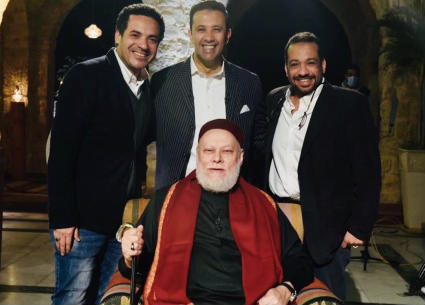 المخرج إبراهيم السيد والمنتج الفني عماد فتوح وعمرو خليل مع الشيخ علي جمعة
