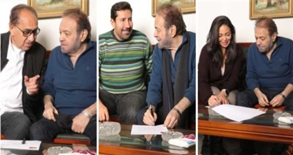 داليا البحيري وهاني رمزي ومحمد أبو داود خلال توقيعهم على عقود الانضمام للمسلسل