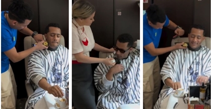 محمد رمضان يستعين بمضيفة طائرته الخاصة لإزالة شعر ذقنه - فيديو
