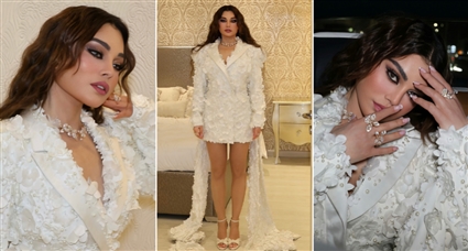 #شرطة_الموضة: هيفاء وهبي بفستان قصير على شكل بليزر مطرز يدويا بالورود واللؤلؤ من تصميم جورج شقرا