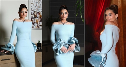 #شرطة_الموضة: ملك أحمد زاهر بفستان سماوي ضيق Off Shoulder... سعره 30 ألف جنيه