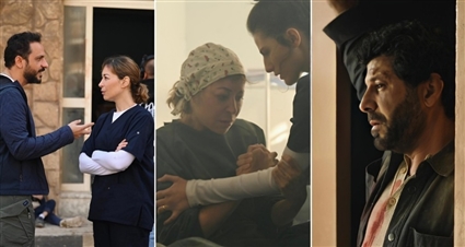 منة شلبي وإياد نصار والمخرج بيتر ميمي في كواليس تصوير مسلسل (تحت الحصار)