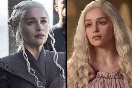 على اليمين شخصية " دينيريس تارجارين" وجسدتها إميليا كلارك في الموسم الأول وعلى اليسار "دينيريس تارجارين" في الموسم الـ7