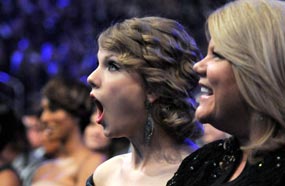 تايلور سويفت في حالة ذهول بعد إعلان فوزها بحفل "الجرامي" الـ 52 في يناير 2010.